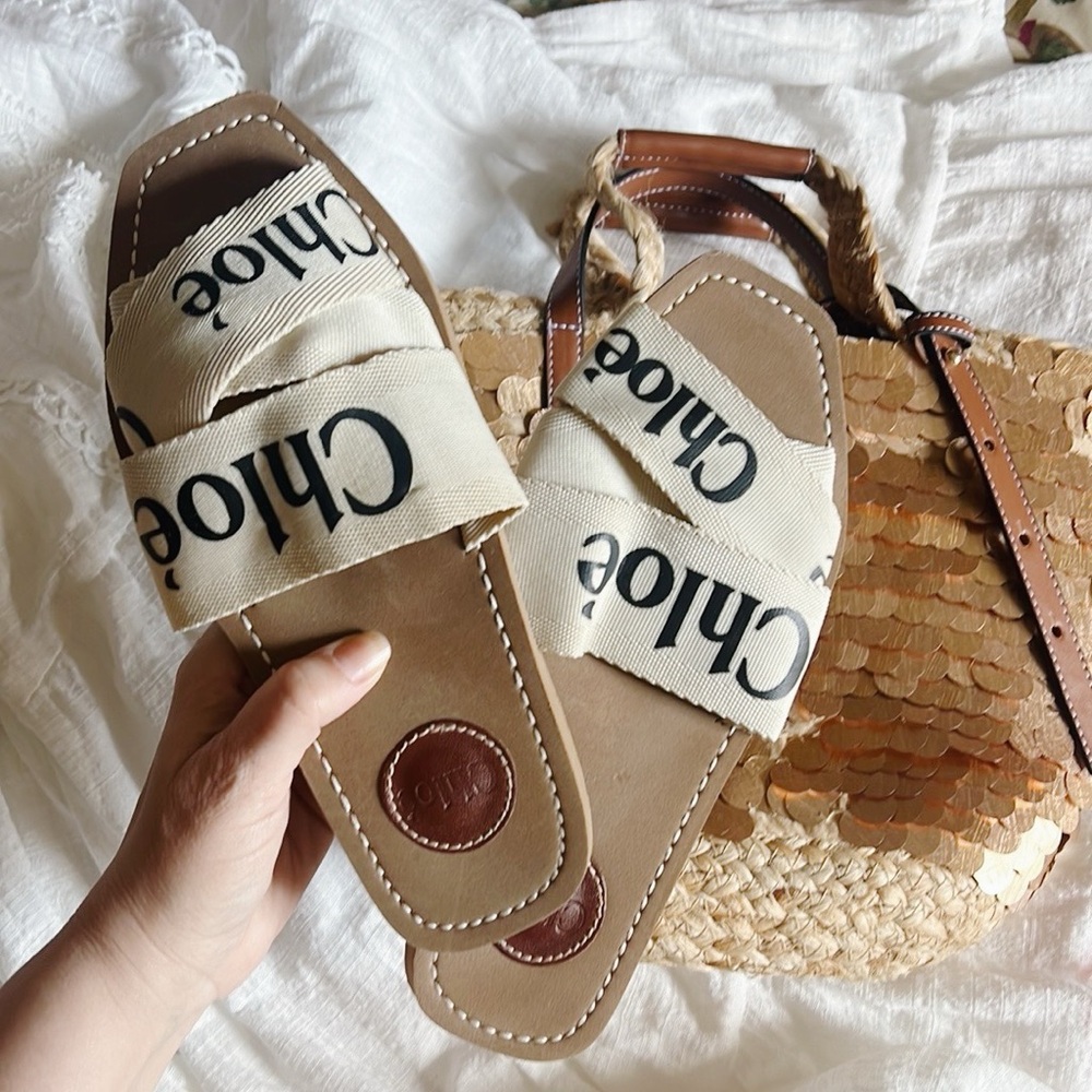 Chloe woody flat logo ribbon slide sandals